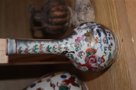 A 19th century Chinese famille rose basin, two jars and covers and a vase diameter 38cm